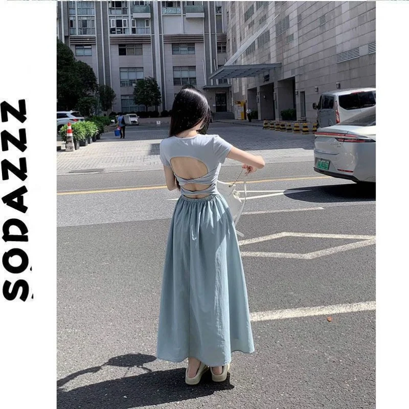 

Sodazzz French Style Temperament Short-Sleeved Dress Women's Summer Stitching Hollow Backless Skirt Waist-Tight Fishbone Dress