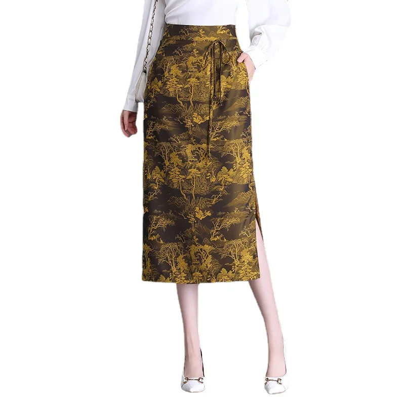 ZXRYCGS Printed Mid Length Commuter Elegant Fashion Skirts Women Straight Tube Skirt 2023 New Summer Side Split Slim Fit Skirt