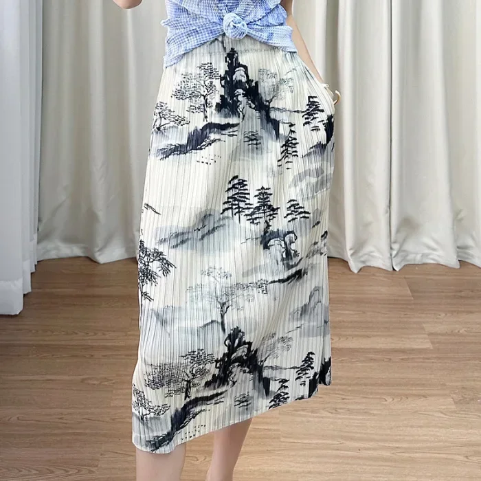 Demi-jupe imprimée avec peinture à l'encre chinoise, avec plis et ceinture élastique, demi-jupe amincissante, jupe plissée trapèze, nouvelle collection été