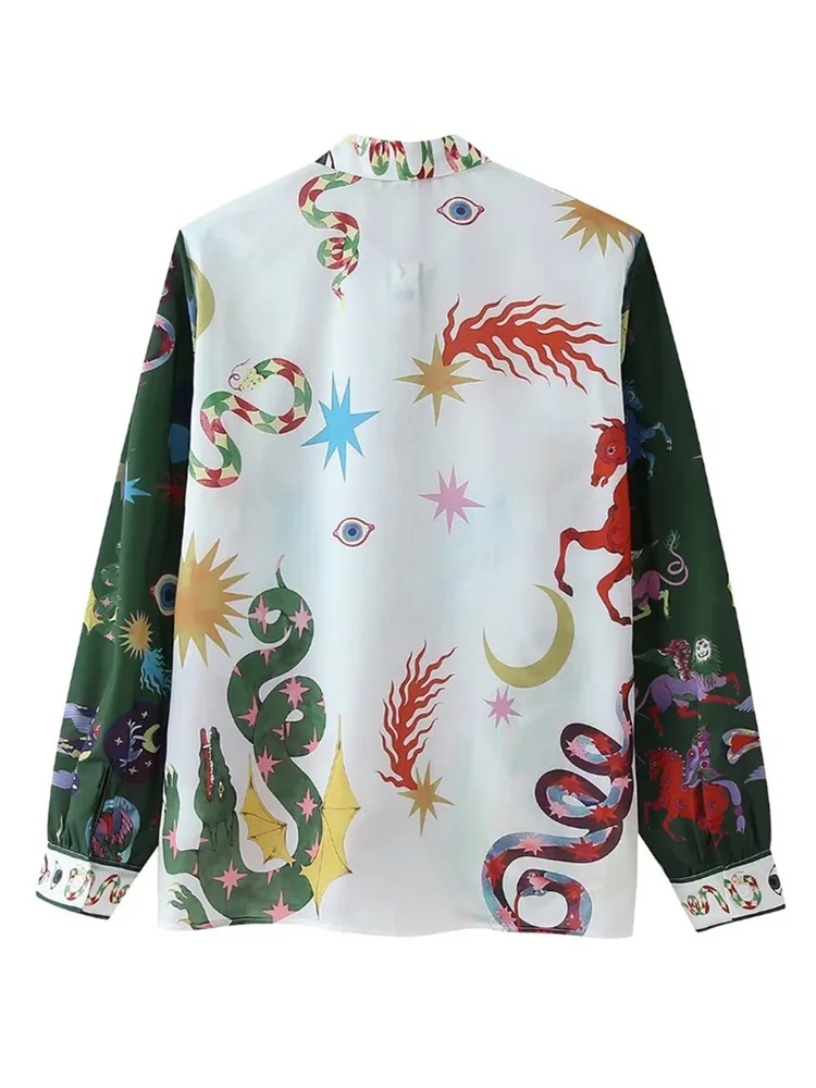 Zevity 2024 Women Fashion Patchwork Totem Flower Print Casual Smock Blouse Female Chic Slim Retro Shirts Blusas Tops LS6176