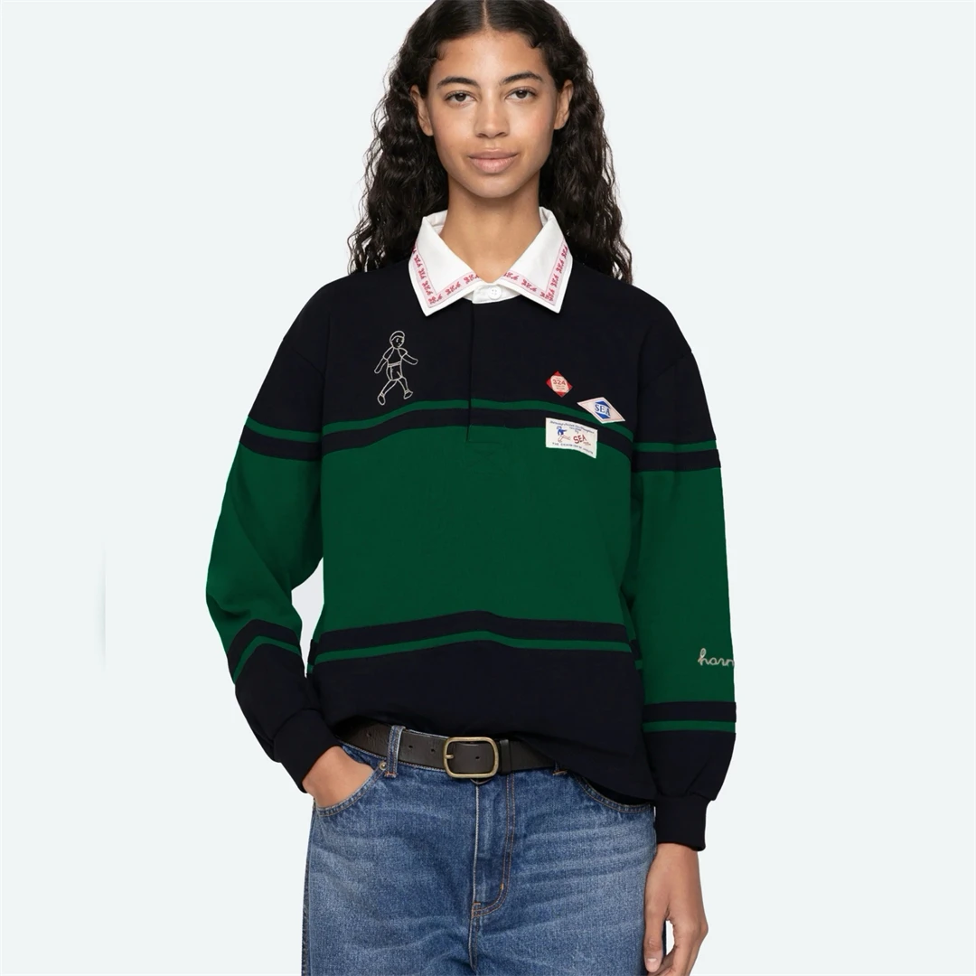 New York Se Green Sweatshirt Long Sleeve Embroidered Casual Street Style Contrast Color T-Shirt Loose Fit Cotton  Neck