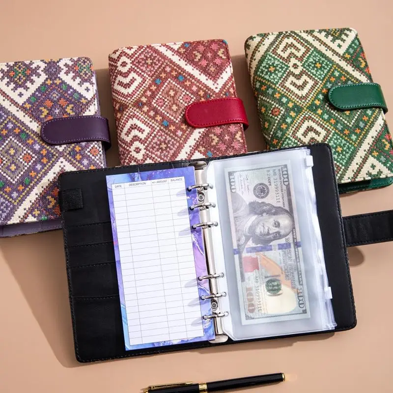 Carnet à 6 anneaux en cuir PU A6, design élégant, couverture de carnet de notes personnelle, peut être utilisé pour le stockage de budget en espèces