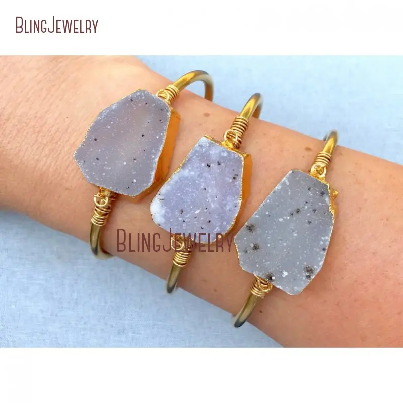 

Boho Chic Gold Color Open Bangle Agates Druzy Drussy Bracelet Cuff for Women Luxury