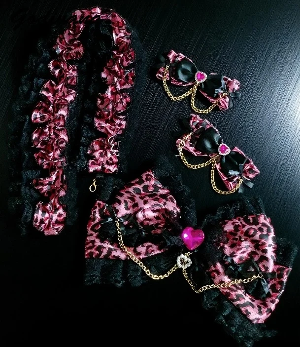 Ji Style Mars Hot Girl Rose Red Leopard Print Bow Hairclips Y2k Vintage Side Clip Gal Lolita Headwear Mobile Phone Hanging Chain
