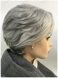 Short Curly Wigs for American Women Grey Ombre Hair with Bangs Curly Wavy Synthetic Wig Real Looking Mommy Wigs Cosplay Party