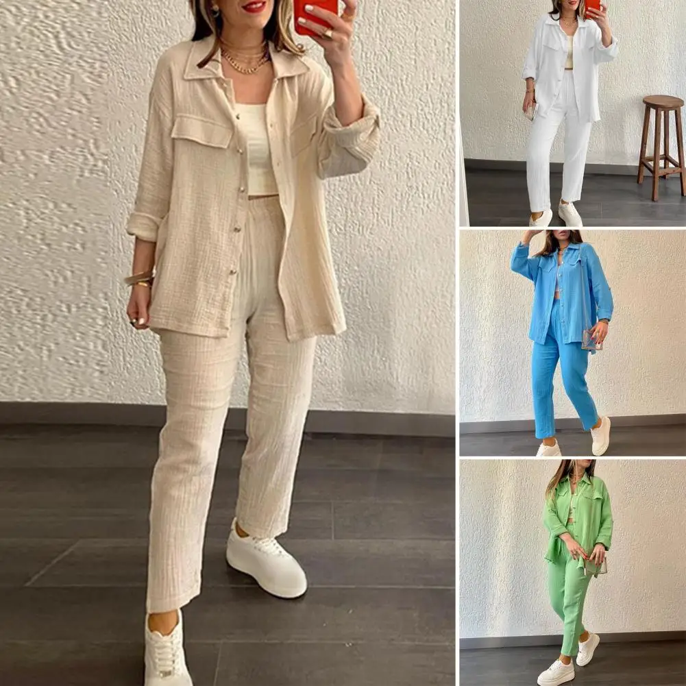 All-season Women Outfit Women's Casual Shirt Pants Set with Lapel Collar Single-breasted Blouse High Elastic Waist for Daily