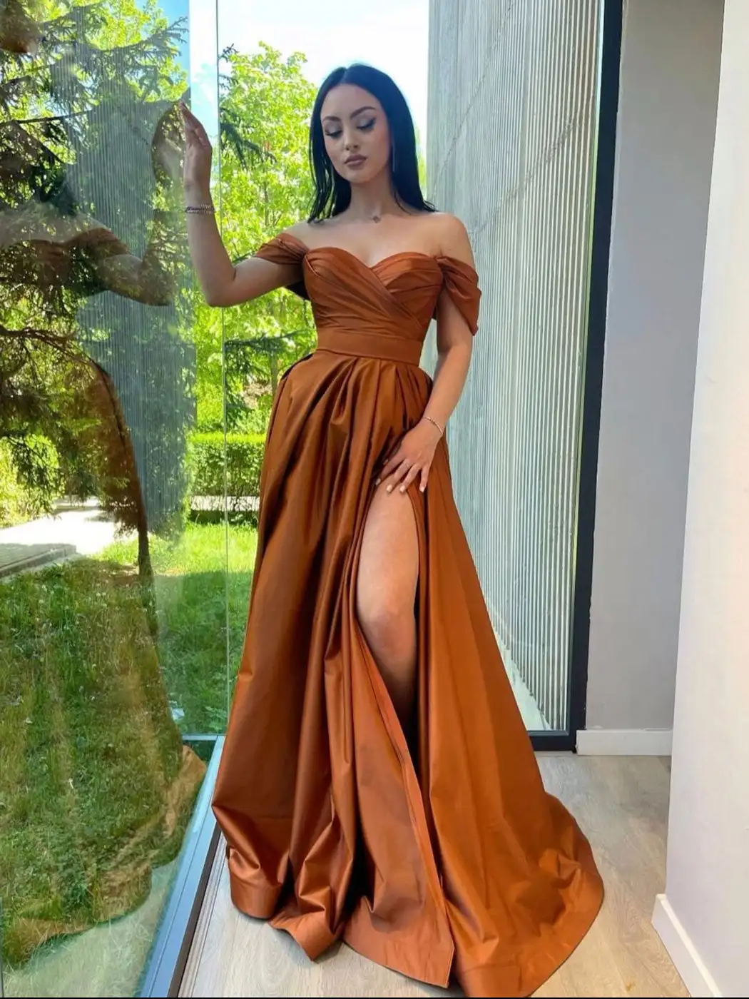 Brown Evening Dresses Satin Off Shoulder Sweetheart A Line with Slit Long Women Simple Prom Gowns Custom made color and size