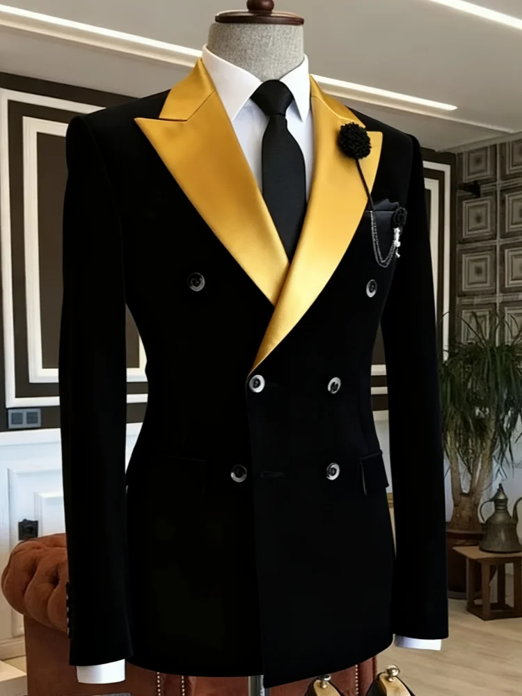 Men Casual Business Black Double Breasted Blazer Gold Contrast Satin Peak Lapel Slim Fit Tuxedo Jacket for Wedding Groom Party