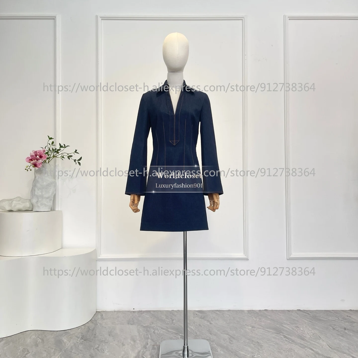 

Navy Blue Denim Long Sleeve Mini Dress 2025 New Design