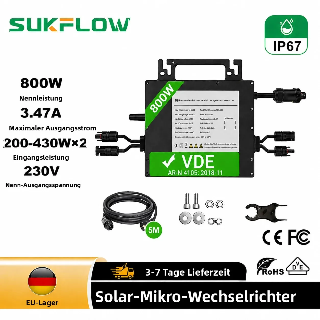 800 W/2400 W Solar-Wechselrichter, Plug-and-Play-DC-zu-AC-Stromwandler für den Einsatz in Solarpanel-Hausgärten im Freien