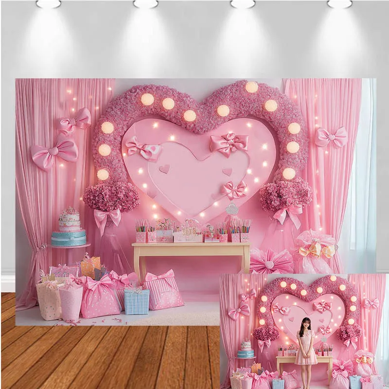 LS Photography Backdrop Princess Dressing Table Pink Curtain Bow Decor Birthday Cake Smash Kids Adult Portrait Photo Background