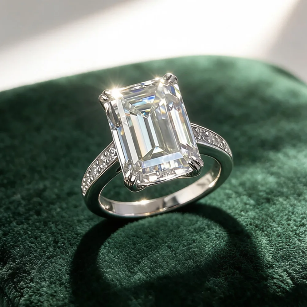 Serenity 10ct Emerald Cut Moissanite Rings Women Sparkling 10*14mm Lab Diamond Wedding Rings S925 Sterling Silver Bands Jewelry