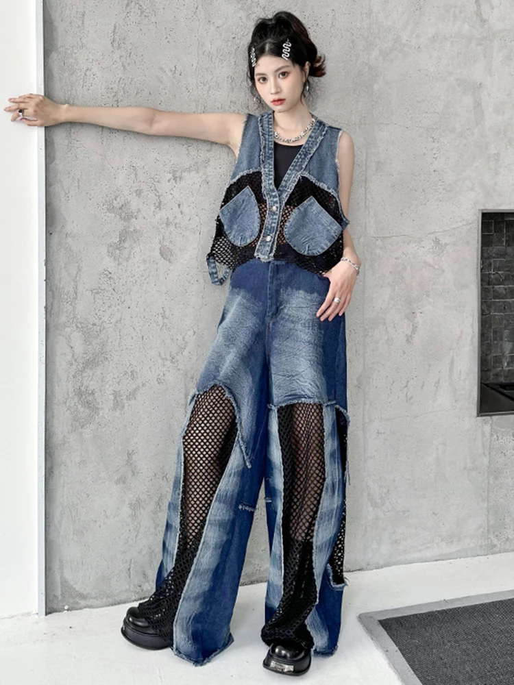 [EAM] High Waist Blue Hollow Out Mesh Denim Wide Leg Jeans New Women Trousers Loose Fashion Tide Spring Autumn 2024 1DH4343