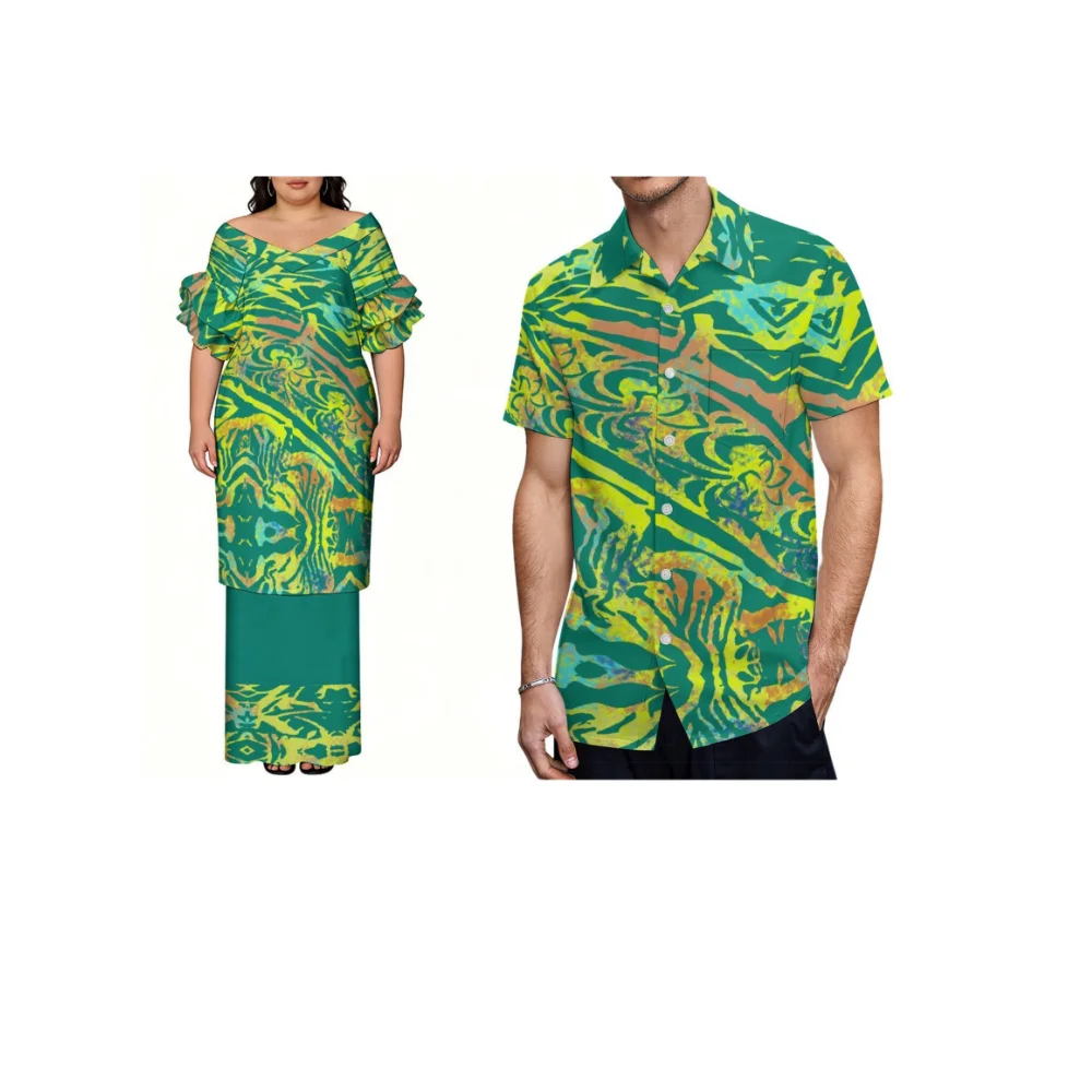 Conjunto de Casal com Decote em V: Vestido Polinésio Feminino de Gola Alta e Camisa Masculina de Praia de Manga Curta – Tecido Macio e Respirável