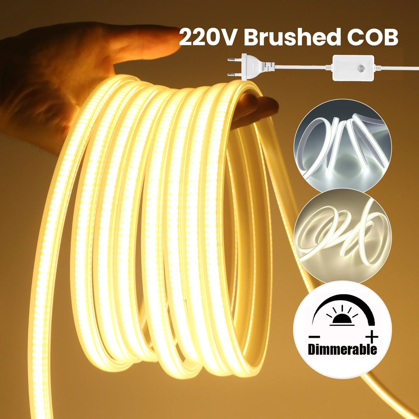 AC 220V Dimmerable COB Strip With EU Plug Waterproof White 3000K 4000K 6000K Warm/Natural White Home Decor Flexible LED Light