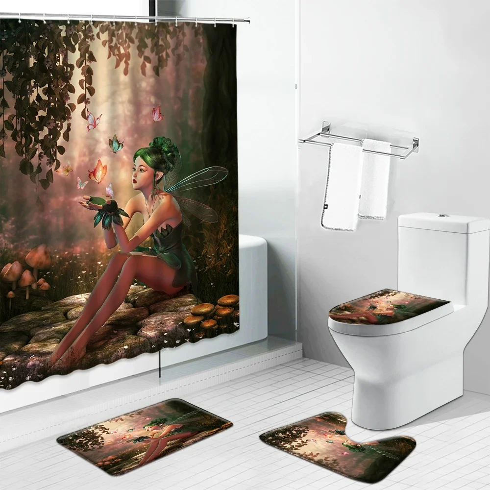 Angels in Heaven Shower Curtain Set Fantasy Enchanted Forest Elves Girl Mushroom Bathroom Curtains Toilet Lid Cover and Bath Mat