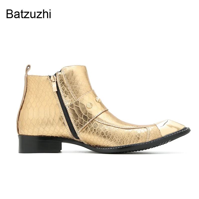 Batzuzhi Italienische Art Herrenstiefel Schuhe Metallkappe Gelbe Echtleder Stiefeletten Männer Reißverschlussschnallen Rock Party Stiefel für Männer!