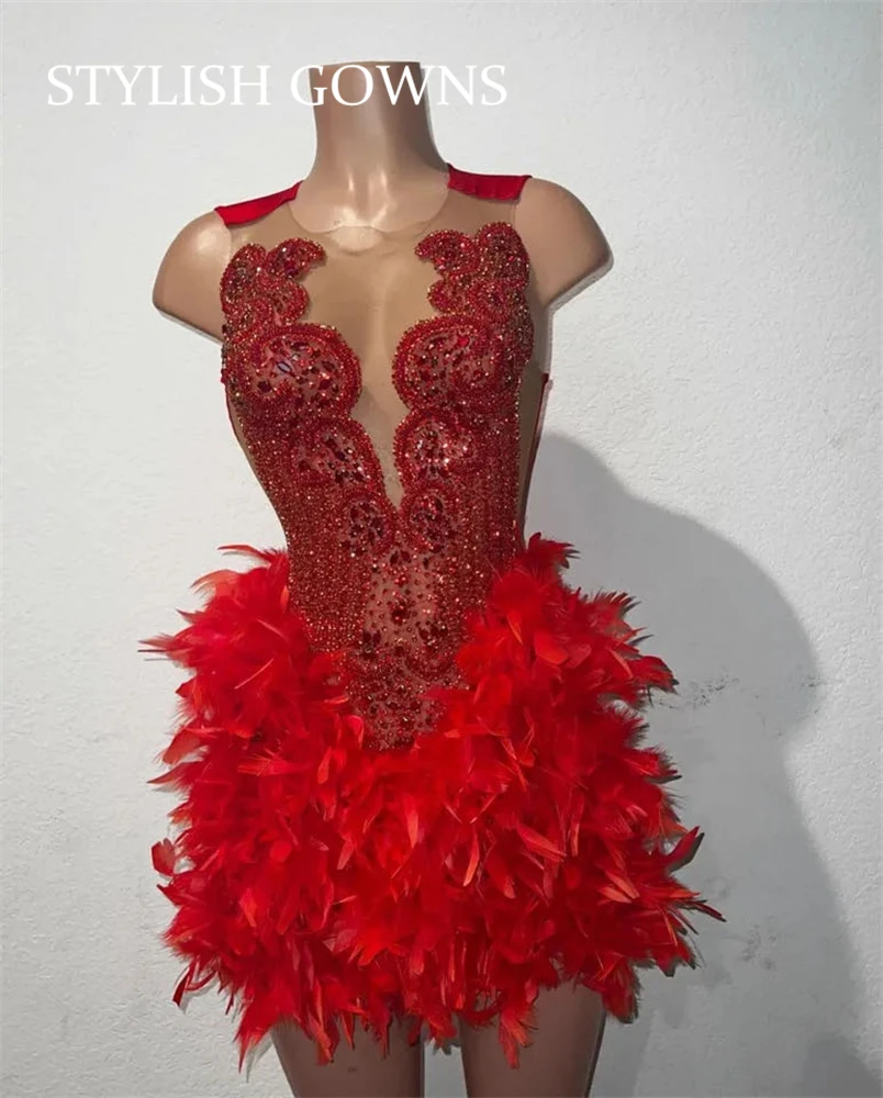 Red Short Prom Dress For Black Girl Beaded Crystal Rhinestone Birthday Party Dresses Feather Homecoming Cocktail Customized