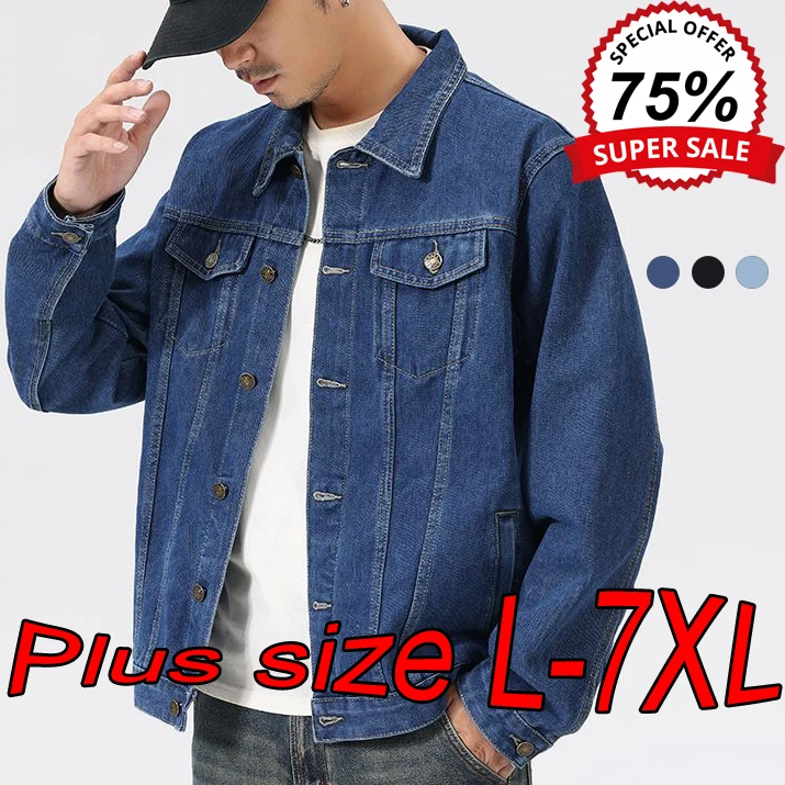 L-7XL Men's Denim Jackets Large Size Autumn American Retro Washed Wear Resistant Distressed Tops Oversized Lapel Multicolor Coat