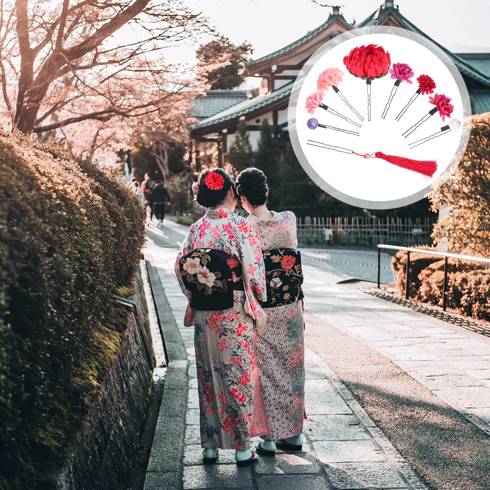 

9pcs Japanese Style Clips Flower Shape Band Kimono Accessories Wedding Party Cosplay Hanfu Chrysanthemum Hairpin