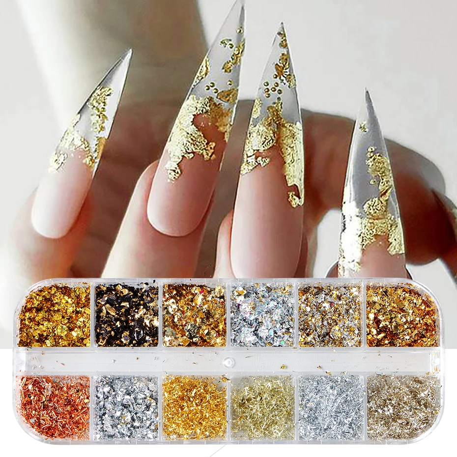12 kolorowych złotych folii Wspaniałe paznokcie Brokat Losowe płatki aluminium Paillette Chip Nail Design Shinny Sparkles Nail Art Decoration