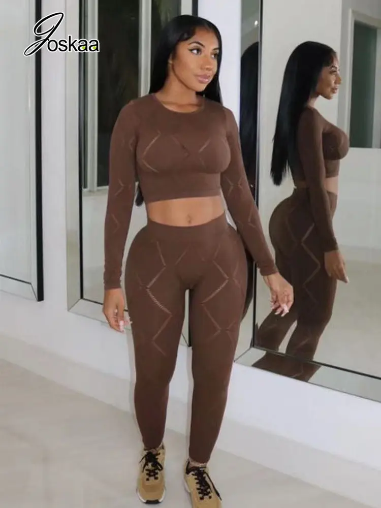 

Joskaa Solid Hollow Out Two Piece Set Women Sexy O-neck Long Sleeve Crop Top and Pencil Pants Matching Winter 2022 Streetwear