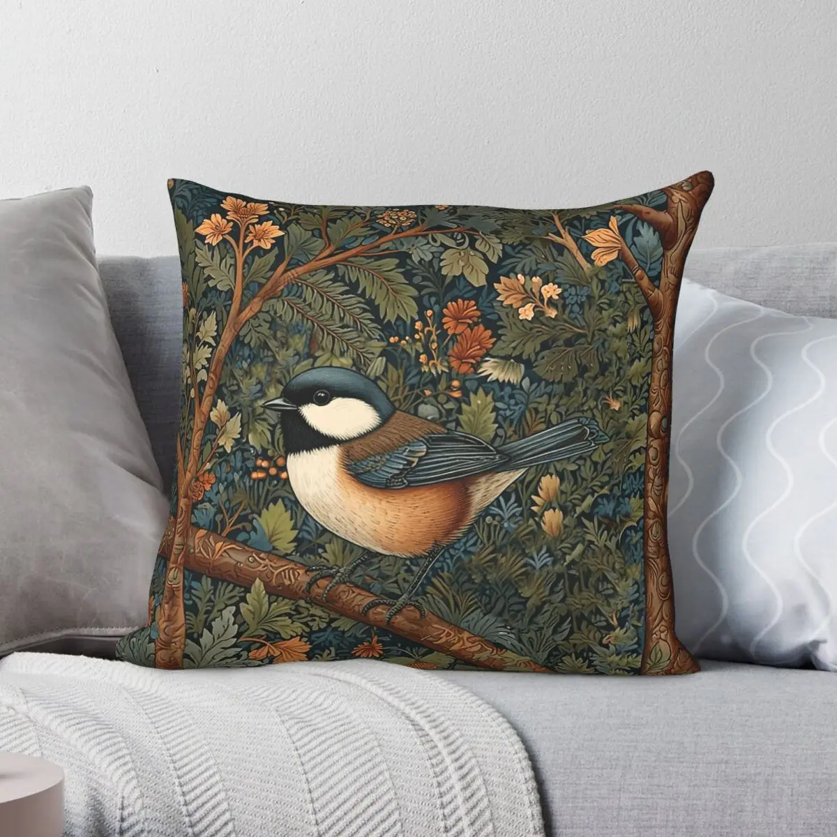 Chickadee Bird In Woodland Square Pillowcase Polyester Linen Velvet Creative Zip Decorative Pillow Case Home Cushion Cover