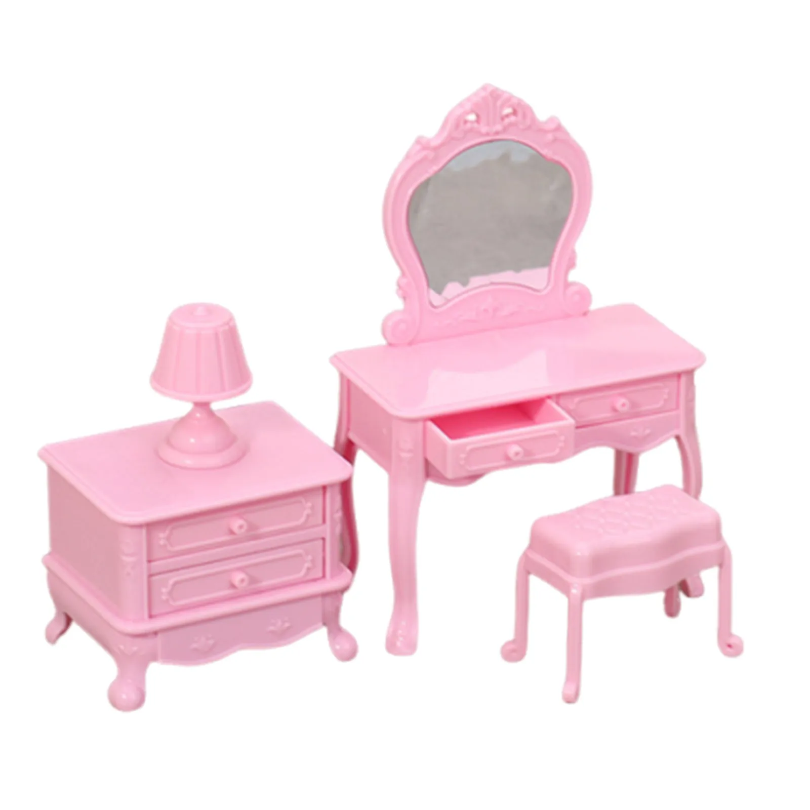 4Pcs Miniature Bedroom Furniture Micro World Accessories Mini Dressing Table Mirror Stool Nightstand Mini Makeup Vanity Set