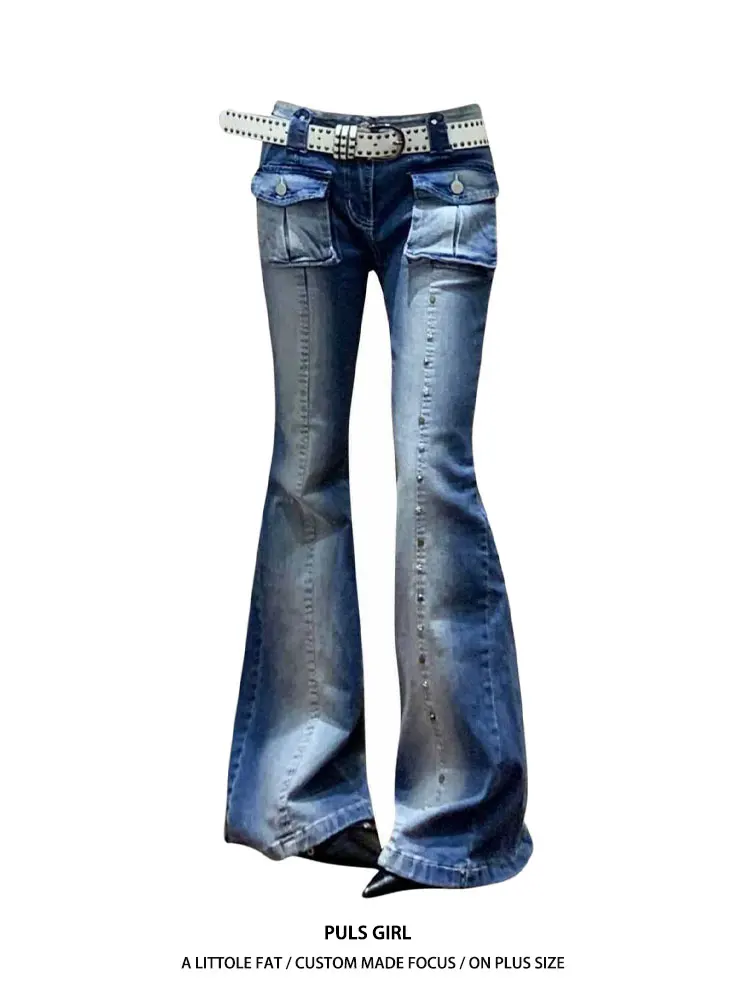 

Washed Vintage Low Waist Slim Fit Micro Flare Jeans Women's plus Size American Style Sexy Girl Pocket Rivet Casual Pants