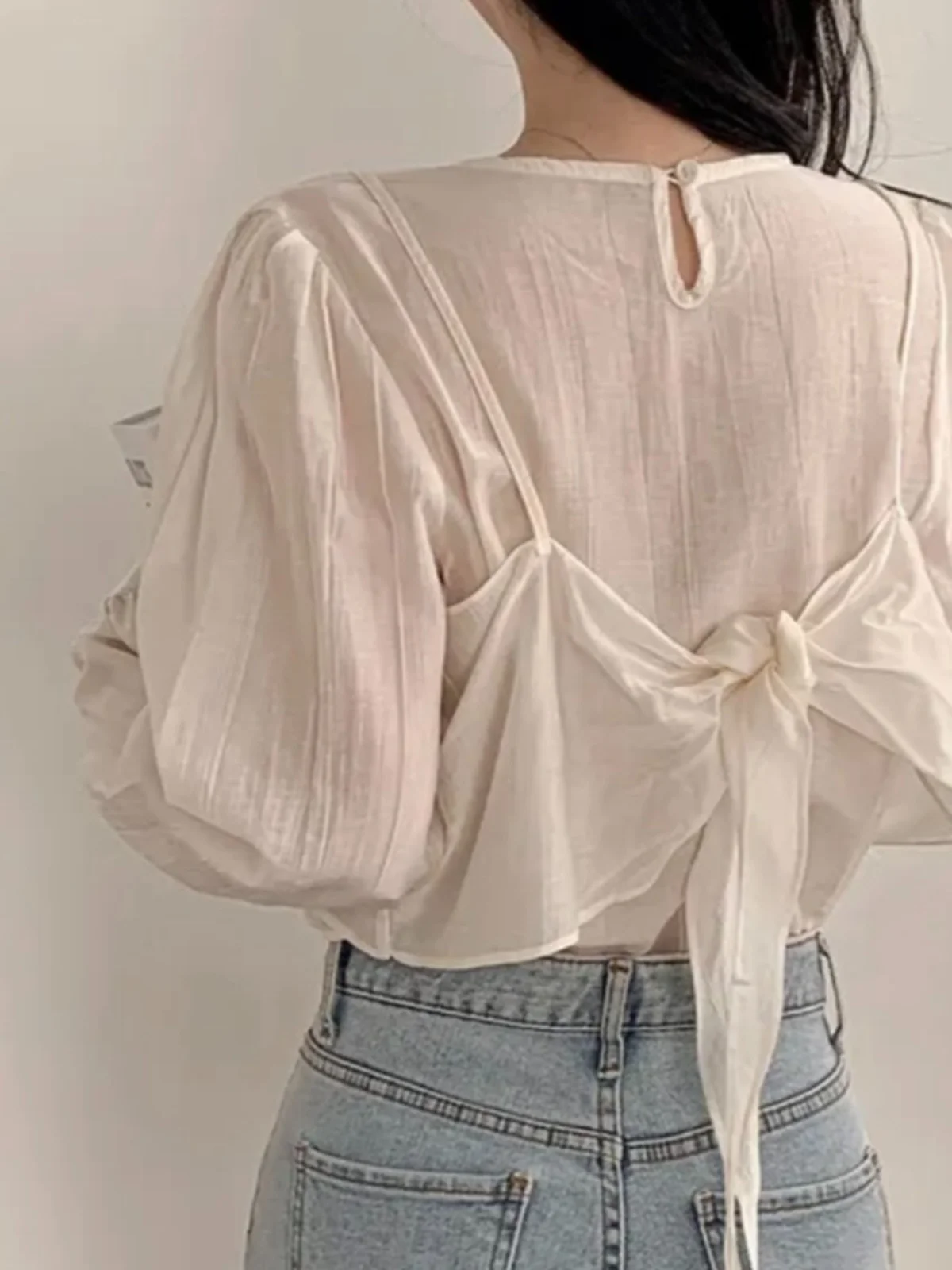 

Chic Sweet Knot Strap Long Sve Loose Cotton Chiffon irt Korean Sle Commute High Collar Regular Length Single...