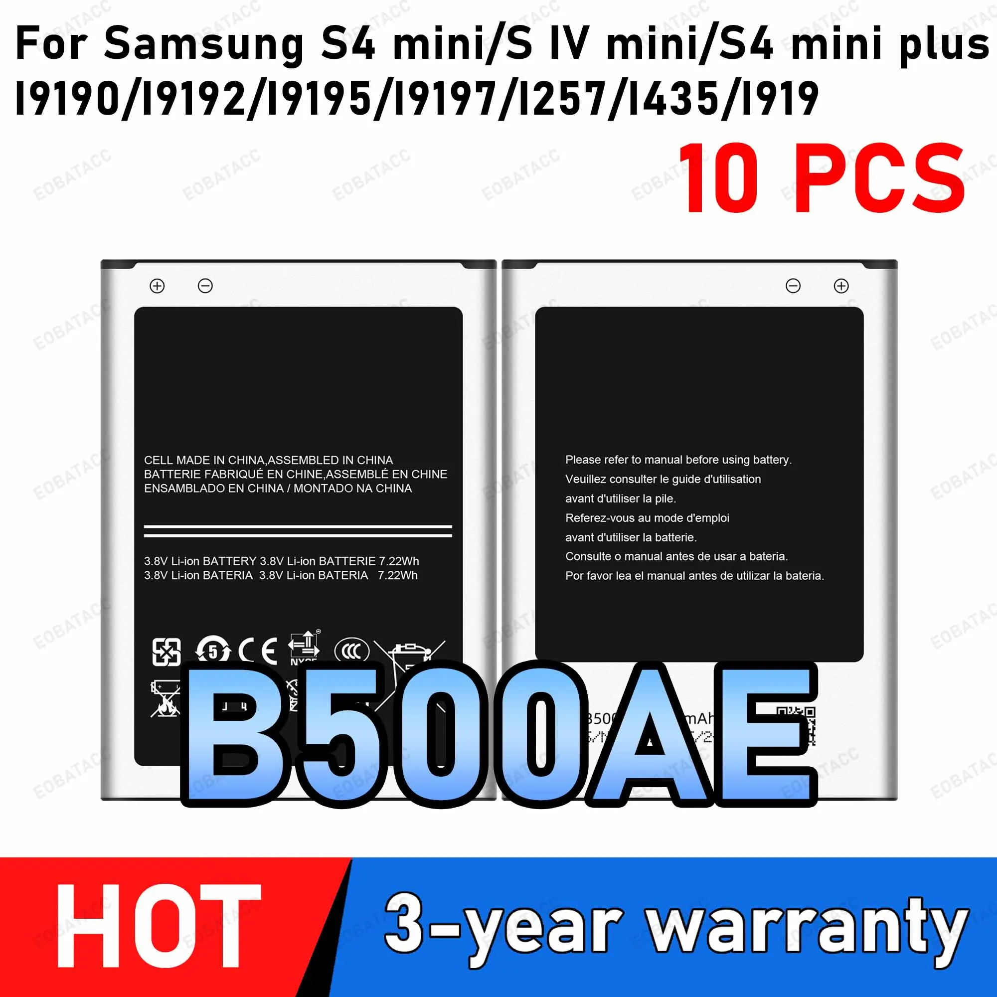 10Pcs B500AE B500BE Battery 1900mAh For Samsung Galaxy S4 Mini i9192 i9195 i9190 i9198 J110 I435 I257 B500AE 3 Pin