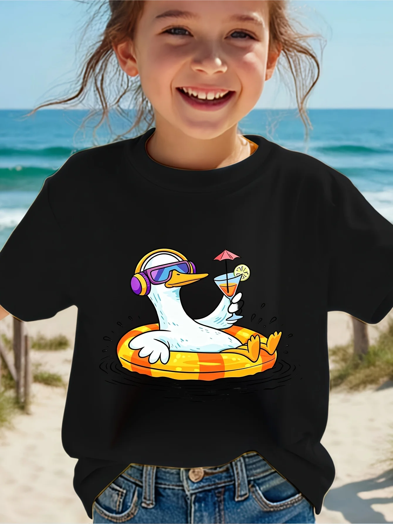 Kids Cool Vacation Duck Float Drink Graphic Tee Boys Girls Family Matching Short Sleeve Summer Beach Casual Daily T Shirt