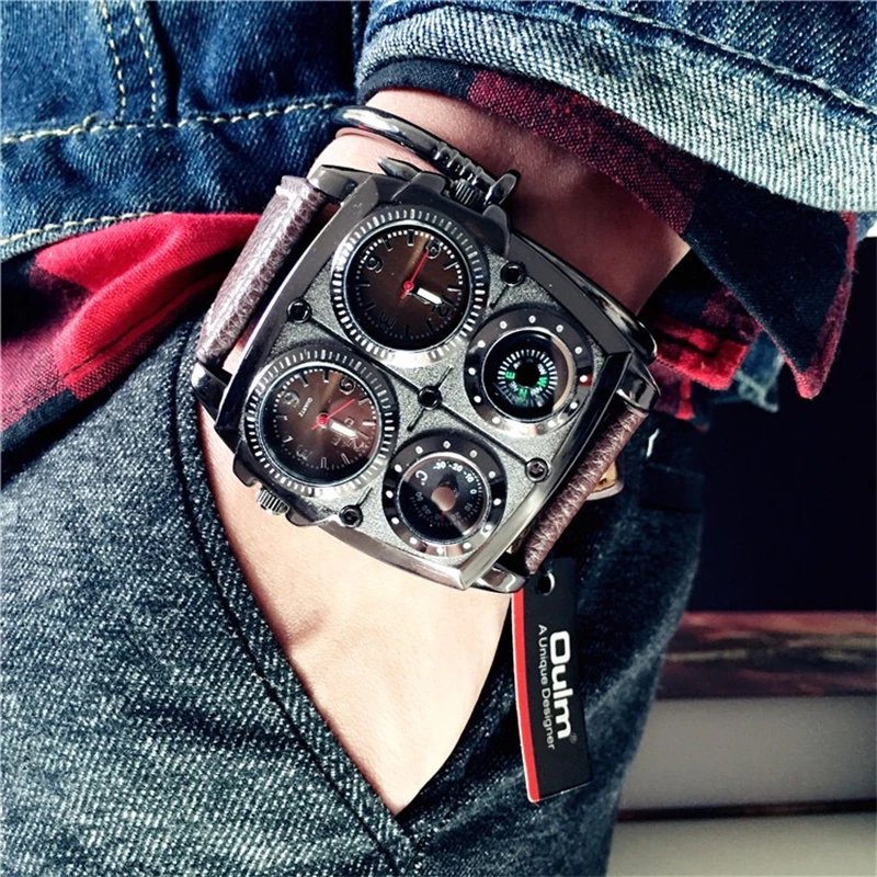 European and American Style Large Dial Men's Quartz Watch, Personalized Korean Fashion Trendy Square Watch, Leather Strap Watch for Male Students, Cool Street Style Hot Item, Dual Time Zone Display, Decorative Thermometer and Compass, the Best Gift for Him