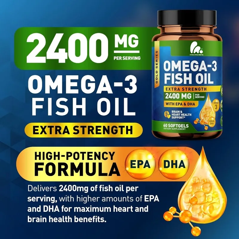

Omega 3 Fish Oil Soft Capsules -2400mg Fish Oil, 1440mg Omega 3, 864mg EPA, 576mg DHA