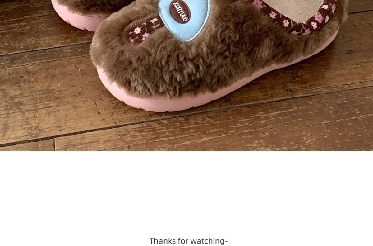 Designer-Hausschuhe mit Blumenmuster, flauschige Damen-Pilz-Hausschuhe, kreative Indoor-Schuhe, klobige flache flauschige Slides für Damen – Detail 24
