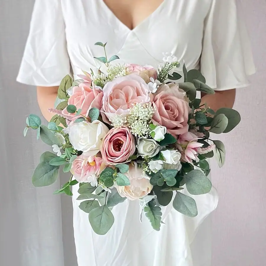 Wedding Bouquet Silk Roses White Pink Wedding Flowers Bridal Bouquet Artificial Flowers A Marriage Wedding Bridesmaids Bouquet