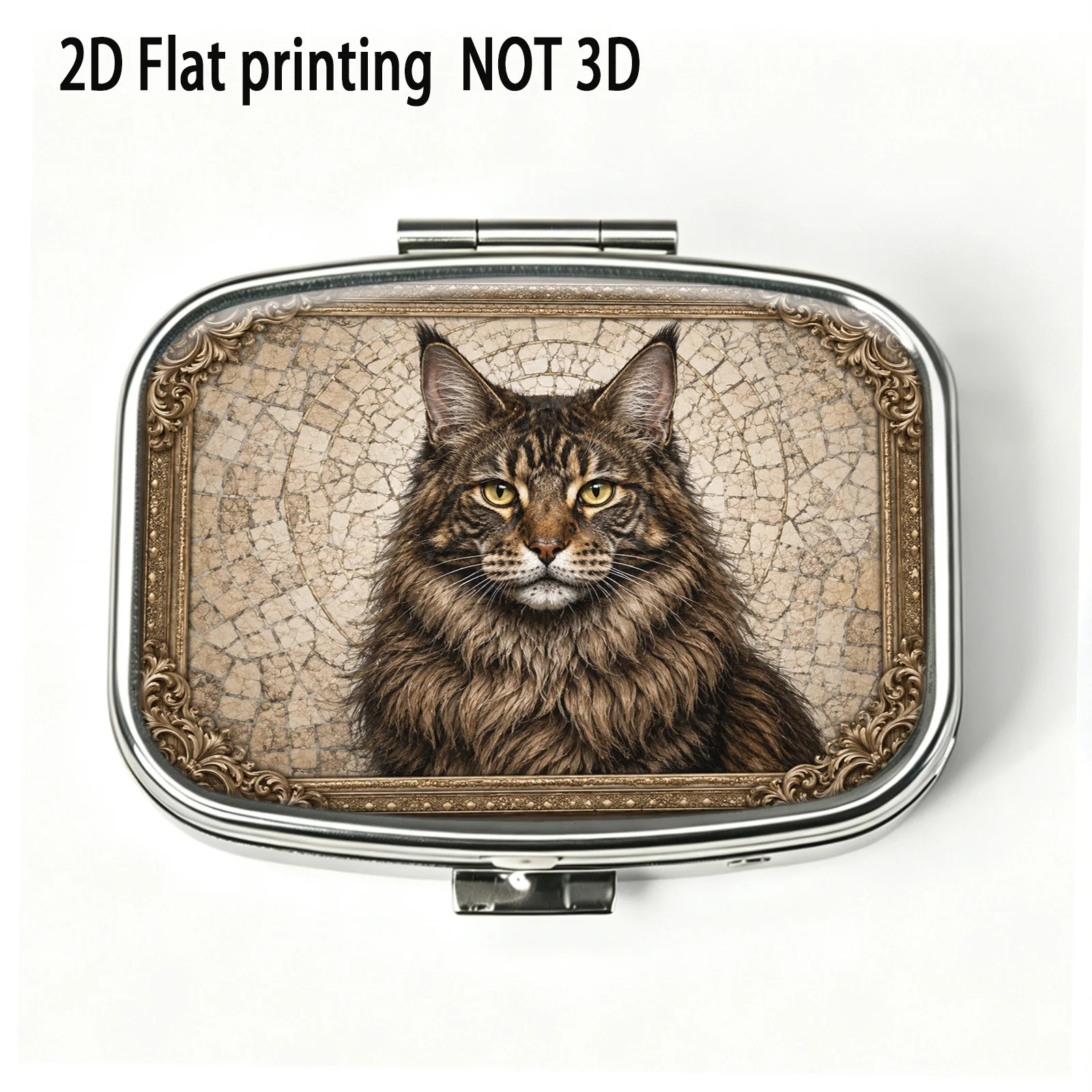 Vintage Cracked Border Long-Haired Maine  Cat Portrait Oil Painting Pattern, Small Square Two-Compartment Pill Organizer, Portable Medicine Storage, Can Also Be Used as a Home Portable Organizer, Decorative Box, Perfect for Handbags, Wallets, and Travel, Metal Storage Box, Small Jewelry Organizer, Holiday Gifts, Souvenirs, Prizes, Small Gifts