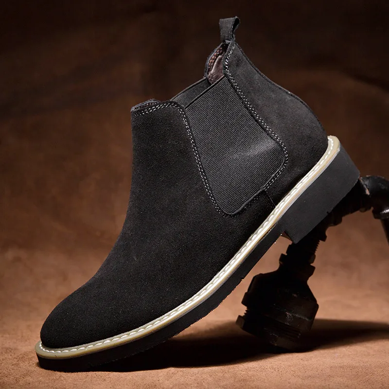 

New Black Couples Chelsea Boots Size 36-48 Pointed Suede Leather Men's Boots Comfortable Flat Ankle Boots Men botas para hombre