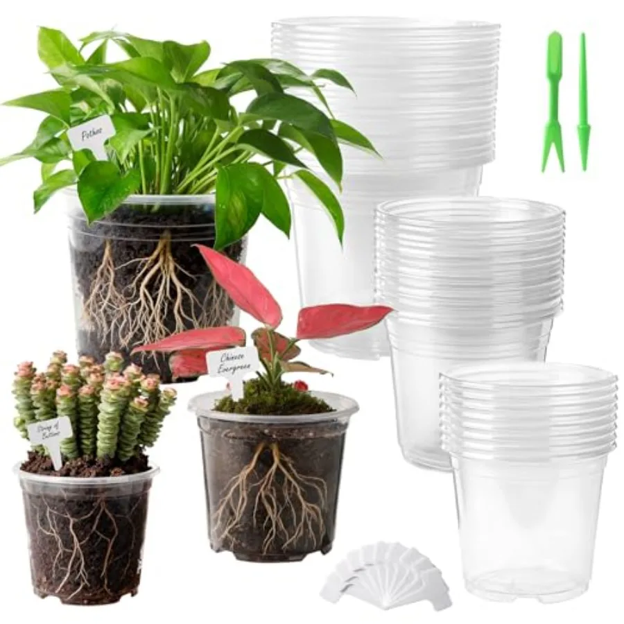 

45 Pack 5/6/8 Inch Clear Nursery Pots with Drainage Holes, Transparent Plastic Plant Pots with 50 Tags and 2 Mini Transplant To