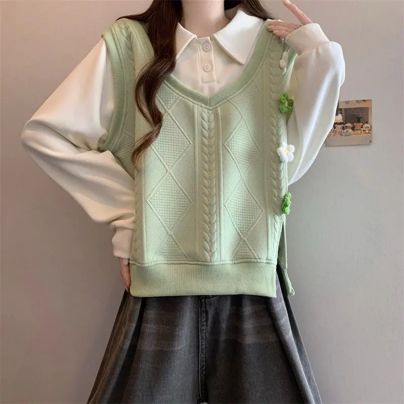 Women Pastoral Style Fake Two Piece Polo Collar Sweatshirt 3D Flower Decor Loose Long Sleeve Tops For Spring Autumn
