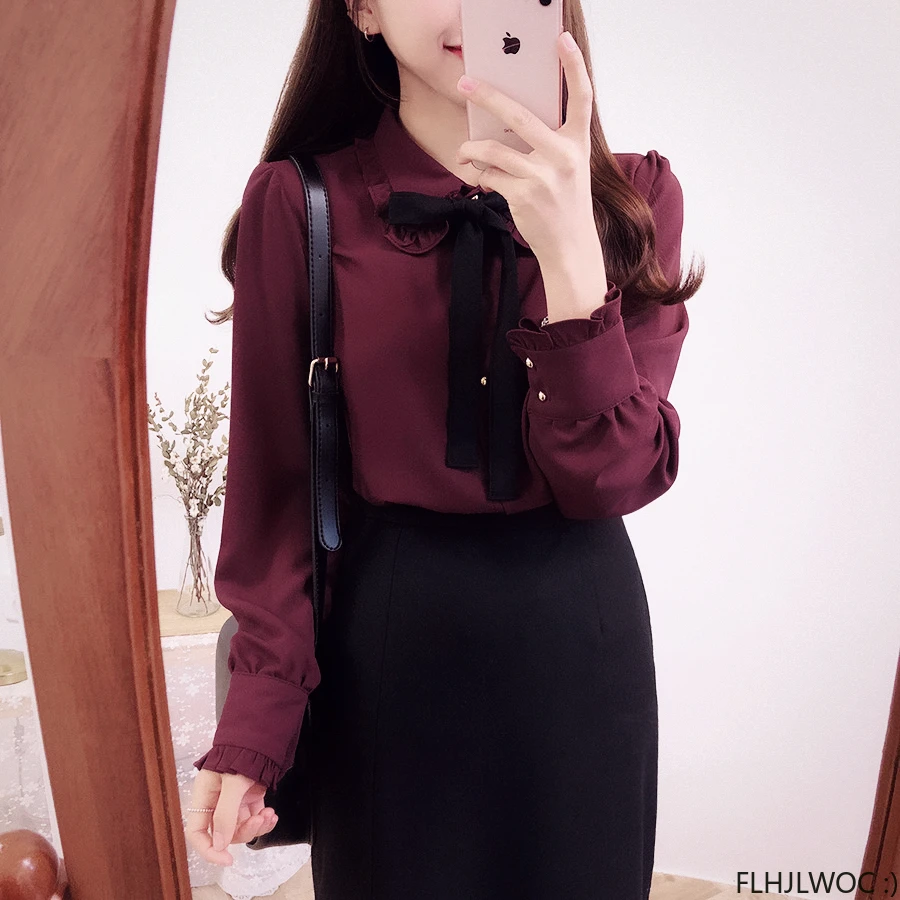 Female Tops Blouses Hot Sales 2024 Cute Sweet Girls Preppy Style Solid Lace-Up Bow Tie Formal Work Office Lady Basic Shirts