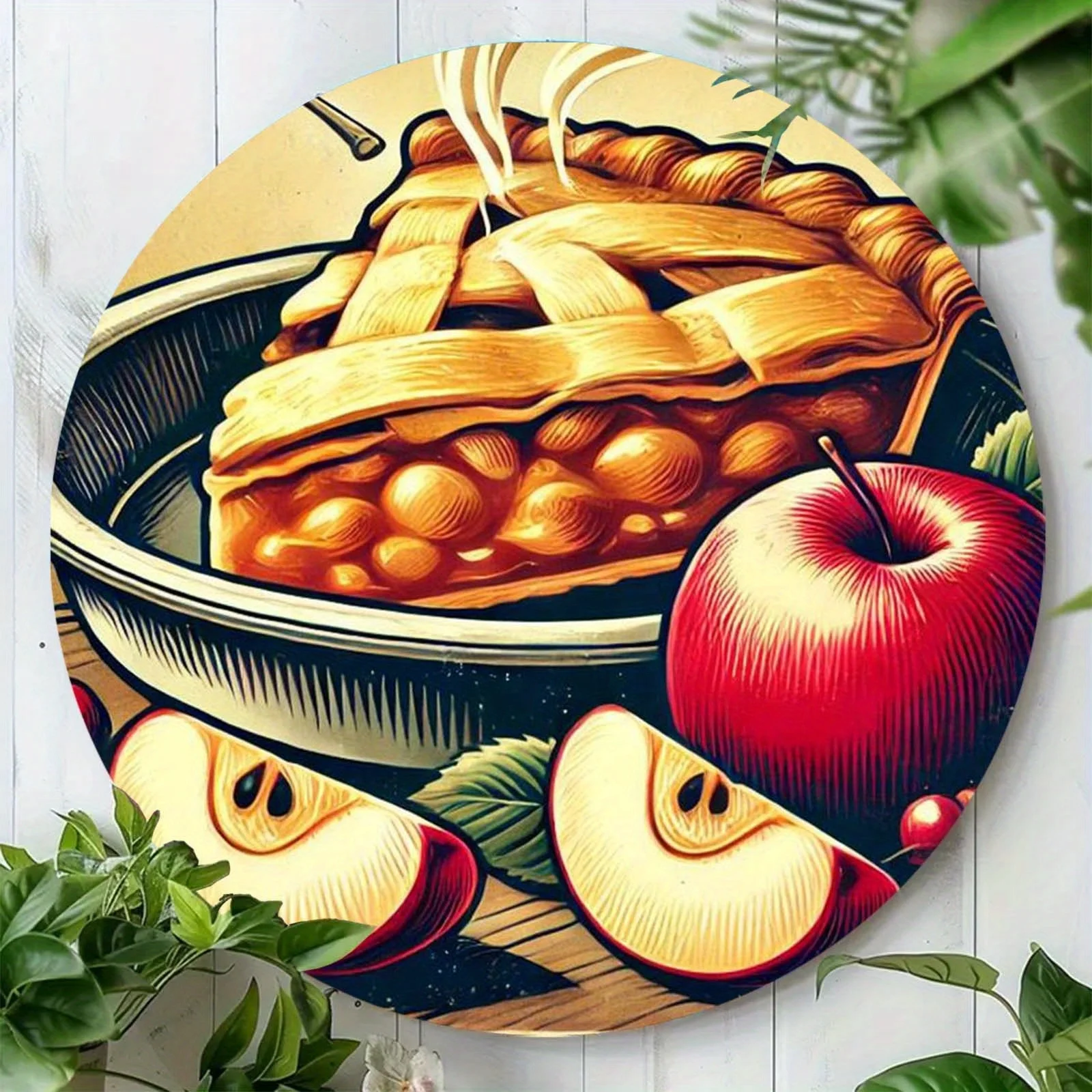 Letrero redondo de metal con diseño de tarta de manzana vintage de 7,87 pulgadas – Arte de pared impermeable para el hogar, cafetería, casa de campo