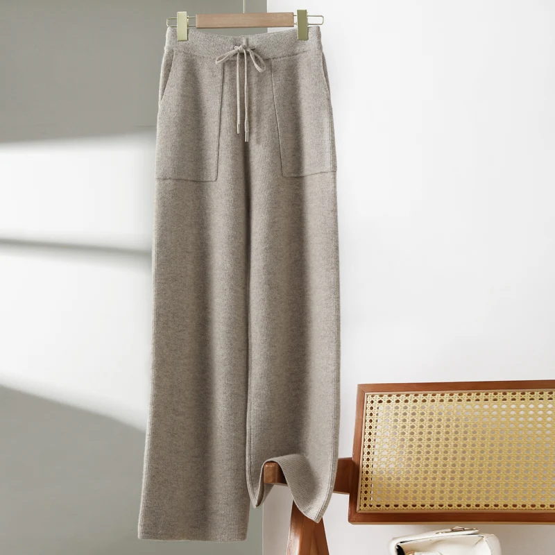 

Women High Waist Wide-Leg Pants 100% Merino Wool Autumn Winter With Pockets Thick Warm Versatile Casual Trousers Knitwear Pants