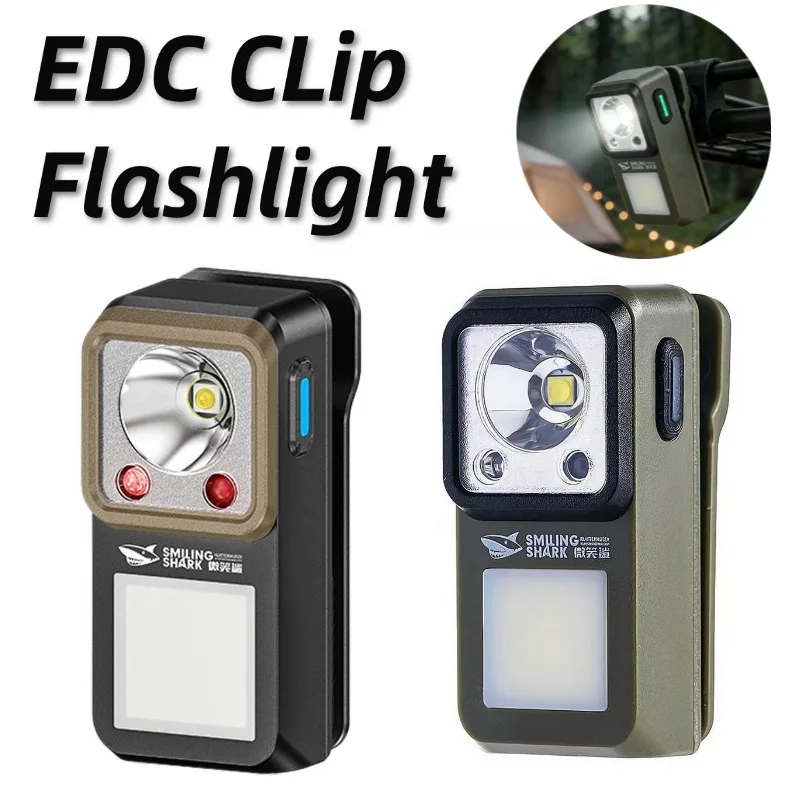 EDC Clip Flashlight Motion Sensor Magnetic Rechargeable COB LED Work Light Portable Emergency Torch For Smiling Shark
