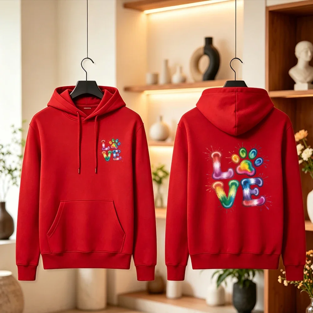 Cute Rainbow Love Paw Print Hoodie Pet Lover Dog Cat Mom Colorful Graphic Pullover Cozy Unisex Women Men Fall Winter Tops Gift