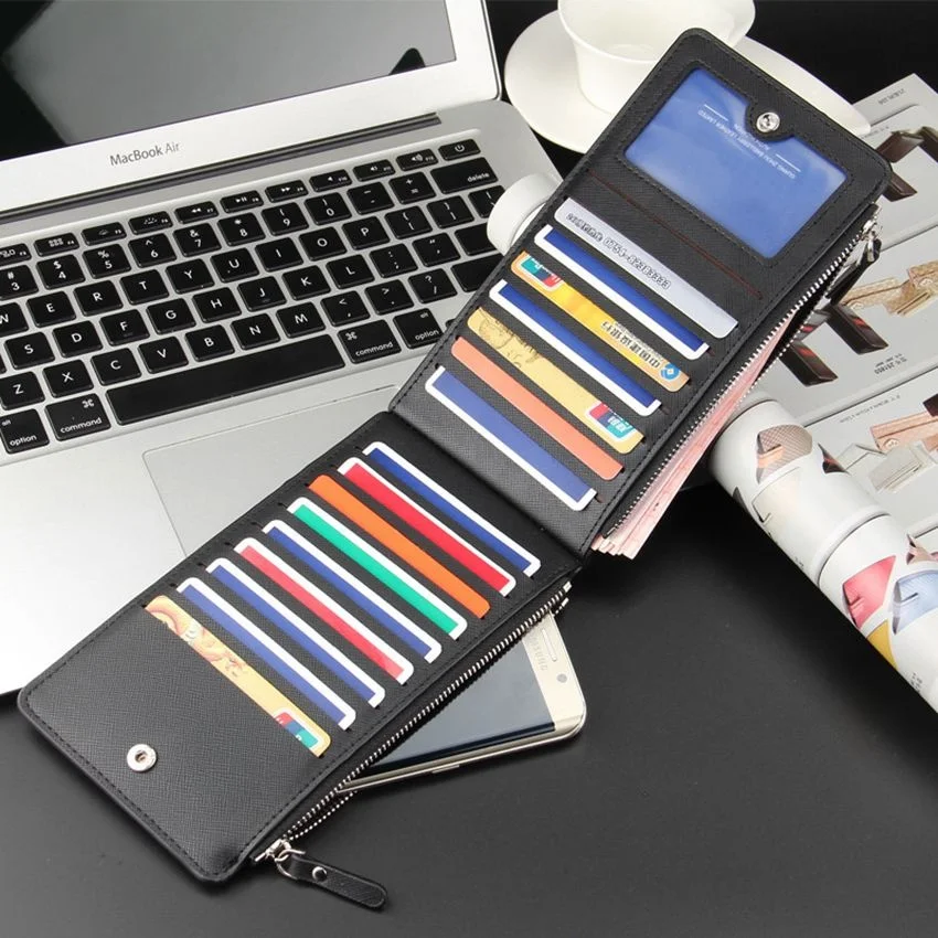 Men's Ultra-Thin Wallets PU Leather Long Wallet  Multi-Card Purse Money Clip Card Holder Double Zipper
