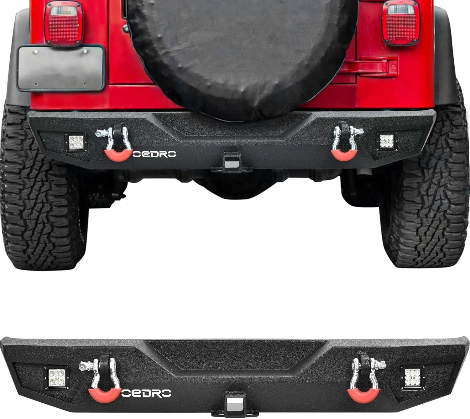 Rear Bumper Compatible for 1987-2006 Jeep Wrangler TJ & LJ & YJ, Rock Crawler with Hitch Receiver, LED Lights & D-Rings Full