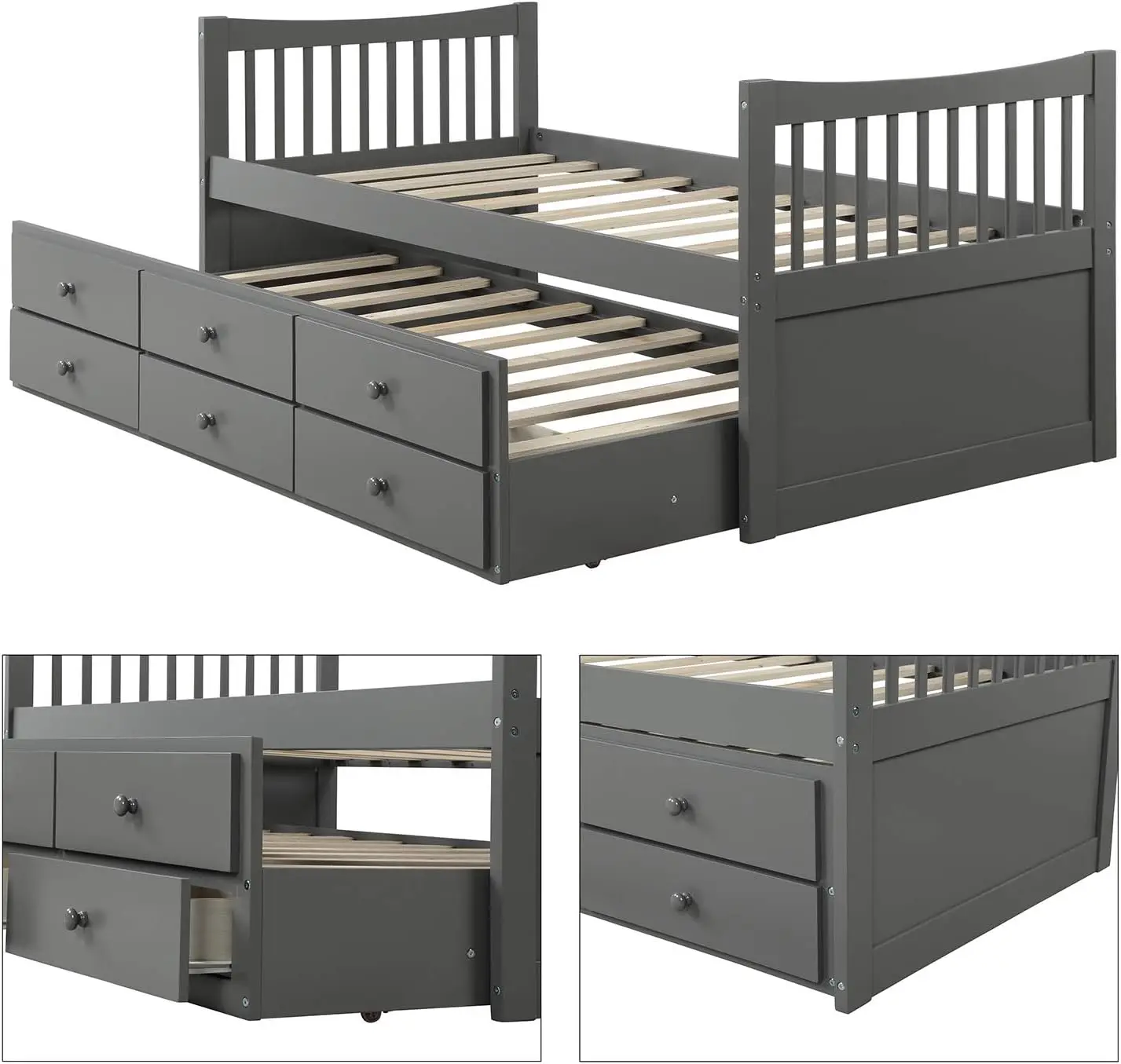 Twin Captain’S Bed Storage Daybed With Trundle And Drawers For Kids Guests (Grey)