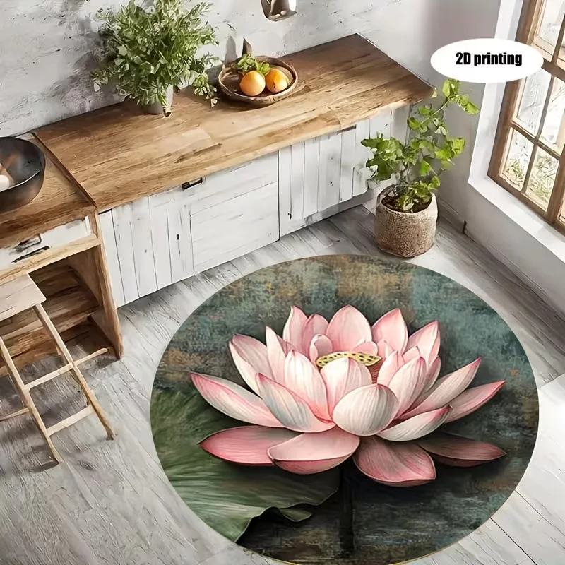 Round Lotus Flower Area Rug Vibrant Floral Print Non Slip Soft Circular Carpet for Living Room Bedroom Yoga Zen Home Decor