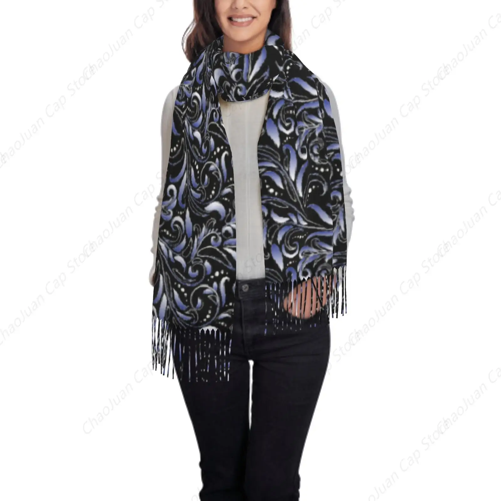 

Mysterious Blue - Tone Scrolls Print Cashmere Feel Winter Scarf Fashion Soft Warm Women Blanket Shawl Wrap